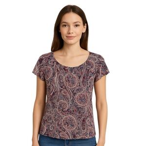Roz & Ali Blouse Burgundy Navy Cream Paisley Short Sleeve Size Petite Large